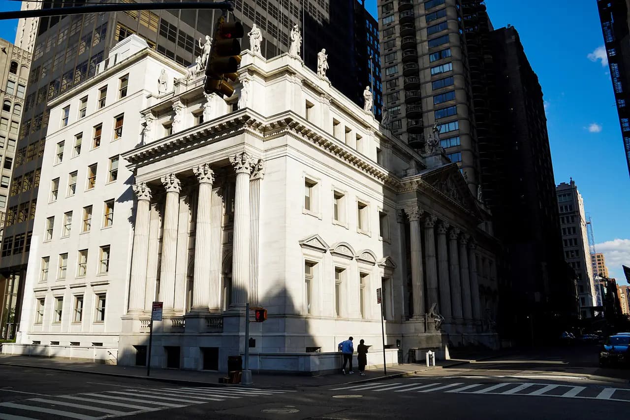 The marble facade and columns of the Appellate Division courthouse on Madison Avenue at East 25th Street