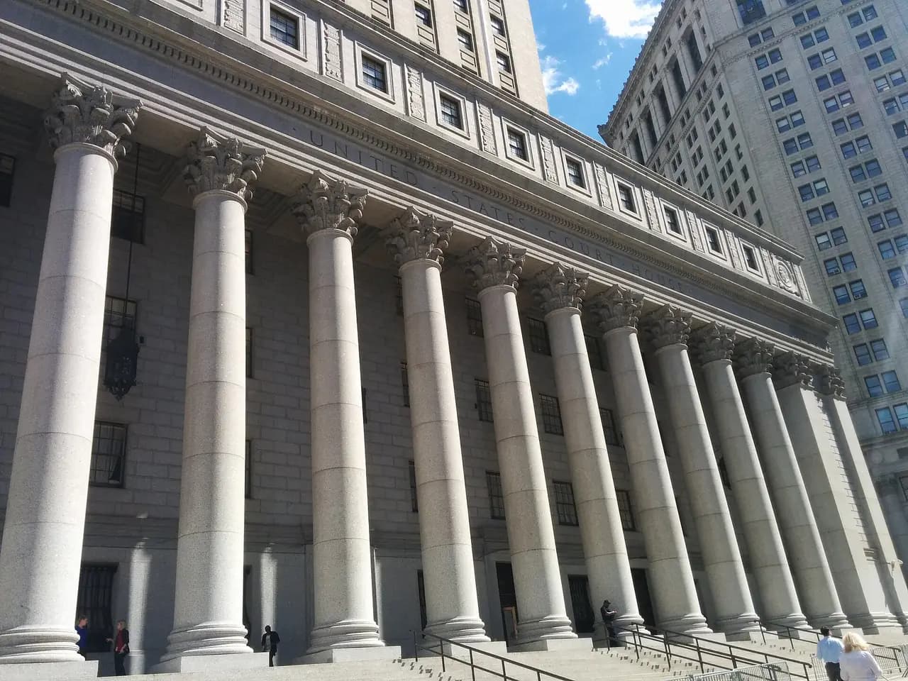 The granite columns and steps of the Thurgood Marshall United States Courthouse on Foley Square in Lower Manhattan
