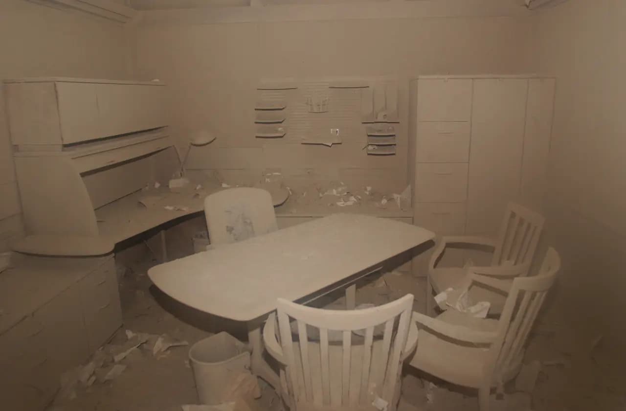 An office near the World Trade Center site coated in gray dust, with a table, chairs and shelves covered after the 2001 attacks
