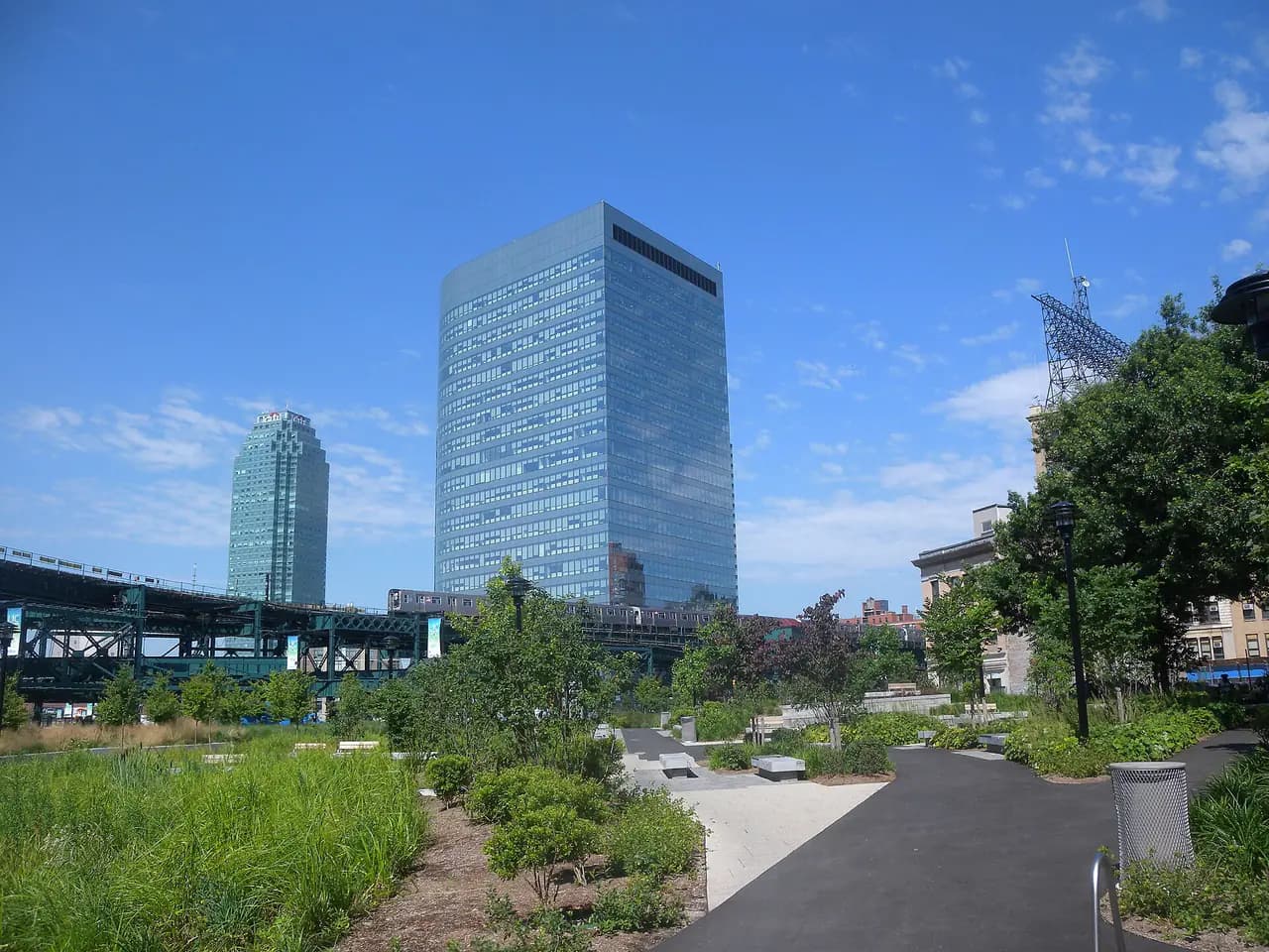 Glass office towers at Queens Plaza in Long Island City, including Gotham Center